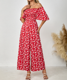Ladies' Printed Square Neck Fashionable Loose Vacation Style Jumpsuit