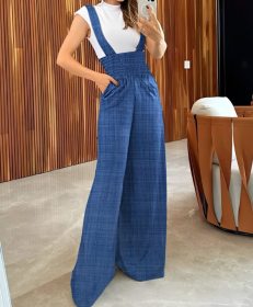 Women's Solid Color Versatile Fashion Casual Wide Leg Shoulder Strap Jumpsuit